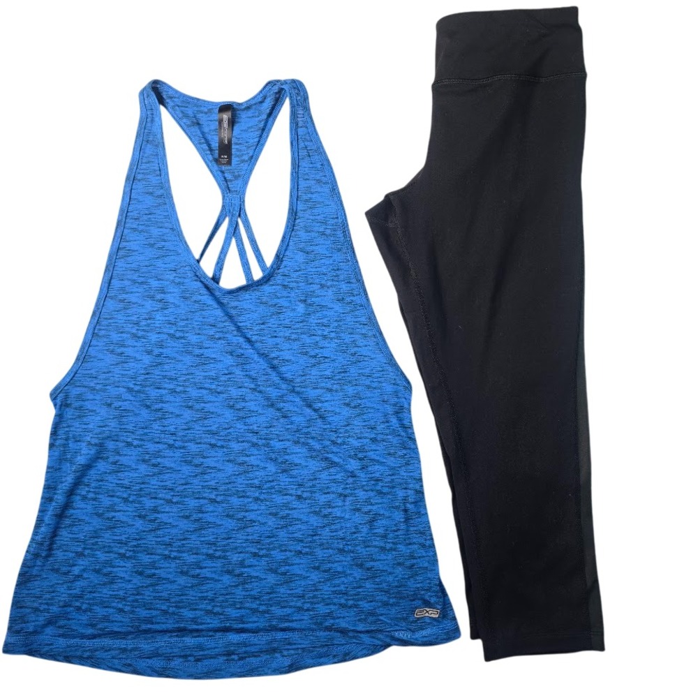 EXP Core Activewear‎ Set Women Medium Blue Black Strappy Tank Capri Leggings Gym